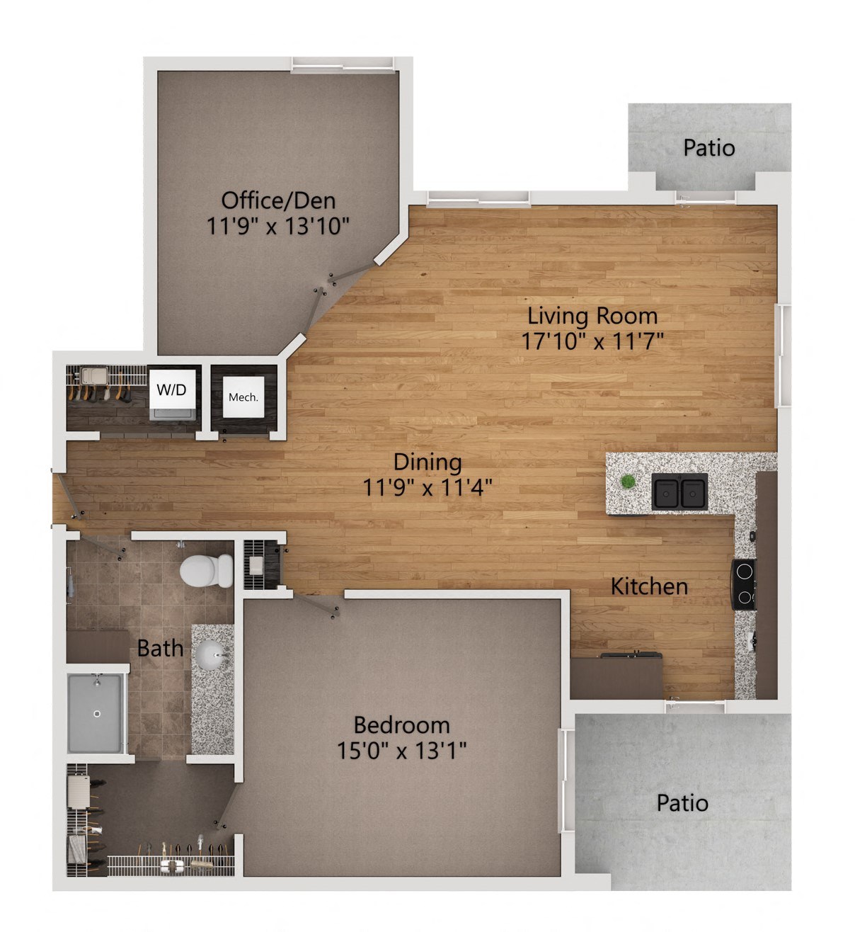 Floor plan for 1 bed, 1 bath, 1121 sqft